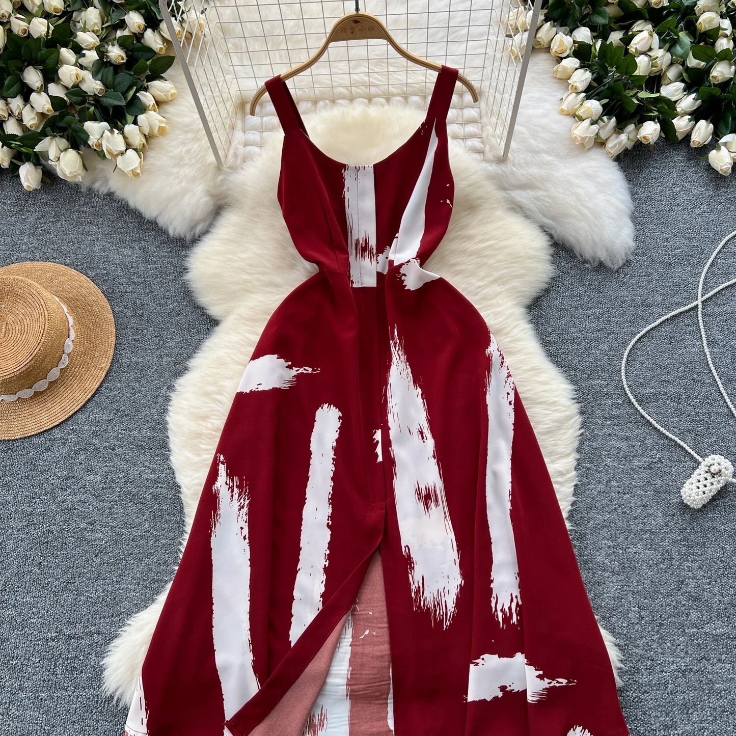 Neue Sommer Druck Süße Kleid Träger O Neck Backless Split Elegante Damen Urlaub Strand Party Midi Sommerkleid