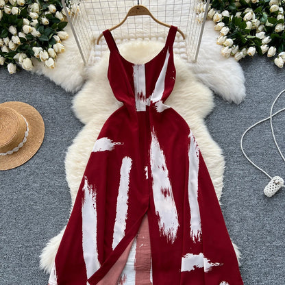 Neue Sommer Druck Süße Kleid Träger O Neck Backless Split Elegante Damen Urlaub Strand Party Midi Sommerkleid