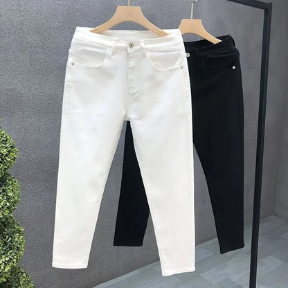 High-End Slim Fit Black White Men's Jeans Elastic Straight Leg Summer Thin Denim Casual Fashion Brand AE Stock Origin China.