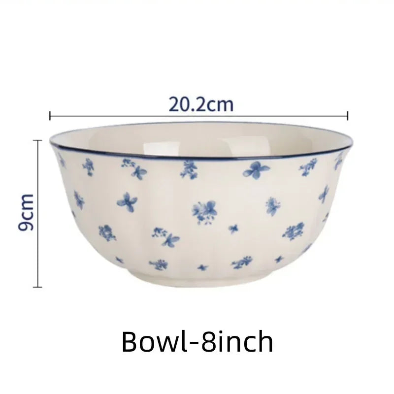 SOLECASA English Retro Ceramic Tableware Blue Flowers Pattern Household Salad Bowls Steak Plate Fruit Dessert Plates Dinnerware.