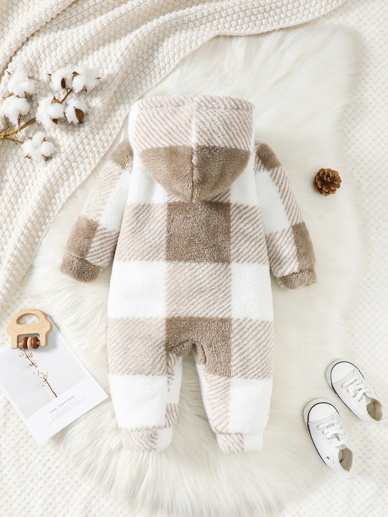Baby-Strampler für Jungen und Mädchen, kariert, mit Kapuze, langärmelig, Plüsch-Overall, Winter, warmer Body, Kleidung für Kleinkinder im Alter von 3–24 Monaten.
