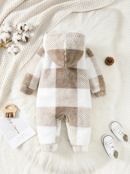 Baby-Strampler für Jungen und Mädchen, kariert, mit Kapuze, langärmelig, Plüsch-Overall, Winter, warmer Body, Kleidung für Kleinkinder im Alter von 3–24 Monaten.