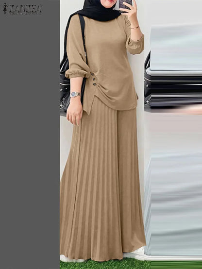 ZANZEA Muslim Sets Fashion 2pcs Women Long Sleeve Blouse Wide Leg Pant Sets Causal Spring Solid Work Outfits Islamic Clothing.