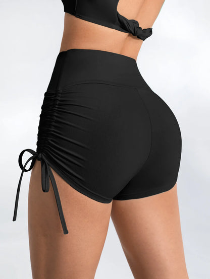 Women's High-Waisted Ruching Yoga Shorts Tight Workout Running Gym Shorts with Tie Detail Summer Fitness Stretch Activewear.