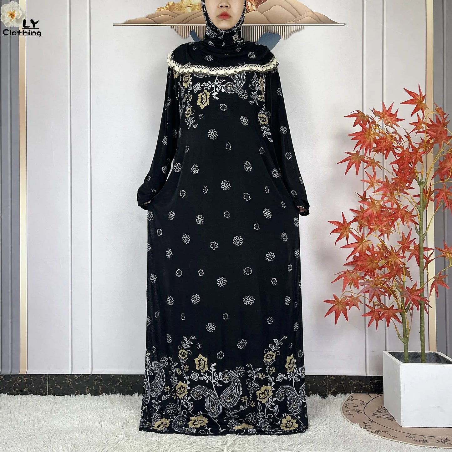 Muslim Ramadan Prayer For Women Long Sleeved Floral 2023Dubai Turkey Middle East Femme Loose Robe African Abayas Headscarf Dress