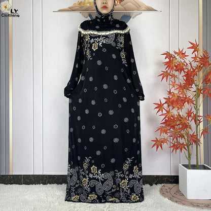 Muslim Ramadan Prayer For Women Long Sleeved Floral 2023Dubai Turkey Middle East Femme Loose Robe African Abayas Headscarf Dress