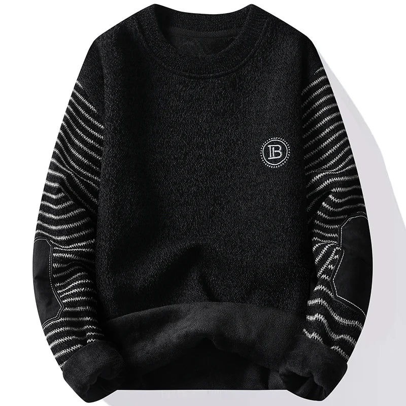Men's Sweater Patckwork Round Neck Pullovers Fleece Lined Thick Warm Winter Knitwear Fashion Jumpers Men's Clothes