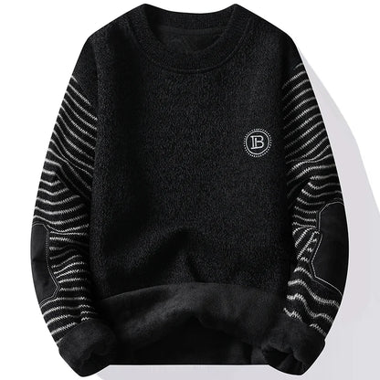 Men's Sweater Patckwork Round Neck Pullovers Fleece Lined Thick Warm Winter Knitwear Fashion Jumpers Men's Clothes