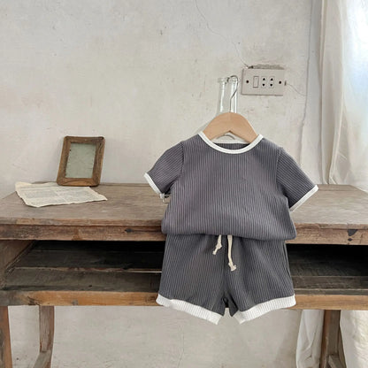 Korean Version Summer Kids Baby Girls Boys Short Sleeve Striped Top Tees +shorts Pants Infant Cute Pure Cotton Clothing Set