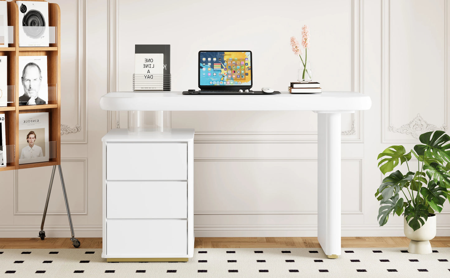 Moderner Schreibtisch 117×50×74 cm – weißes Volllack-Finish, Wolkenform, 3 Schubladen, verdickte Tischplatte und Beine, abgerundete Kurven, stabil