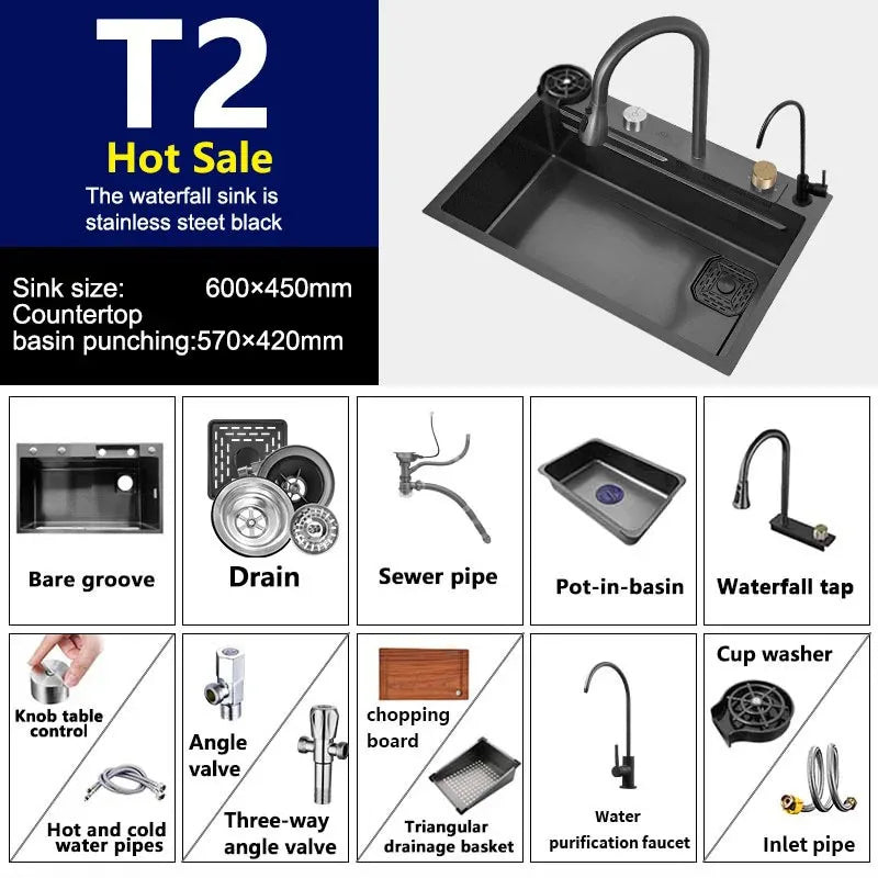 Waterfall Sink Kitchen Stainless Steel Topmount Sink Large Single Slot Wash Basin With Multifunction Touch Waterfall Faucet