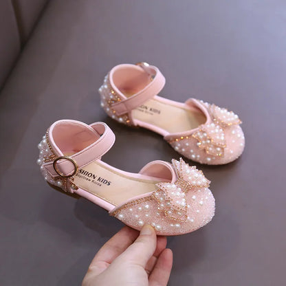 Girls Party Shoes Elegant Rhinestone Fashion Children's Leather Shoes Versatile Sweet Kids Princess Wedding Dress Flats Sandals.