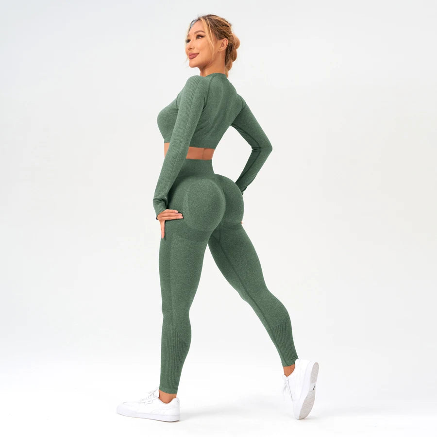2 pcs/set Long Sleeve Yoga Leggings Set Sportswear Woman Gym Seamless Workout Outfit Yoga Clothes Womens Tracksuit Activewear.