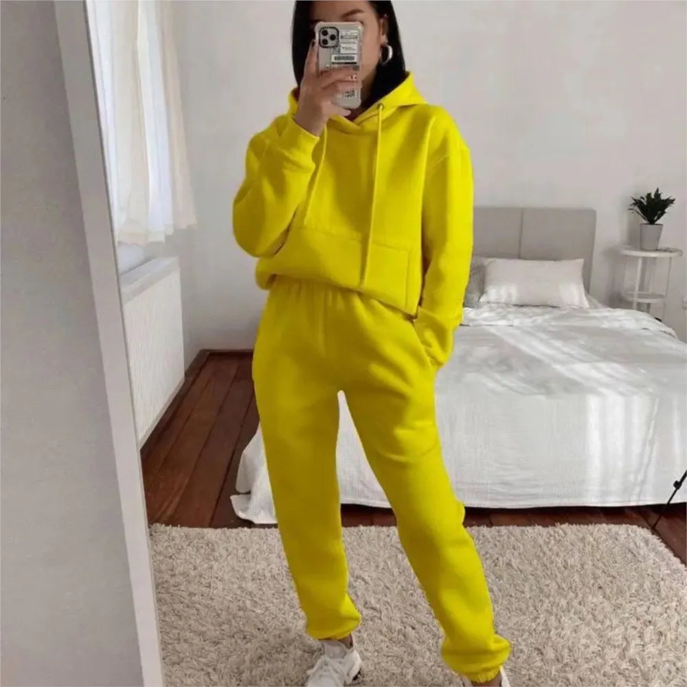 Women's Pocket Long-sleeved Hooded Sweatshirt Casual Set Autumn Winter New Solid Color Loose Sport Long Pants 2 Piece Set Female.