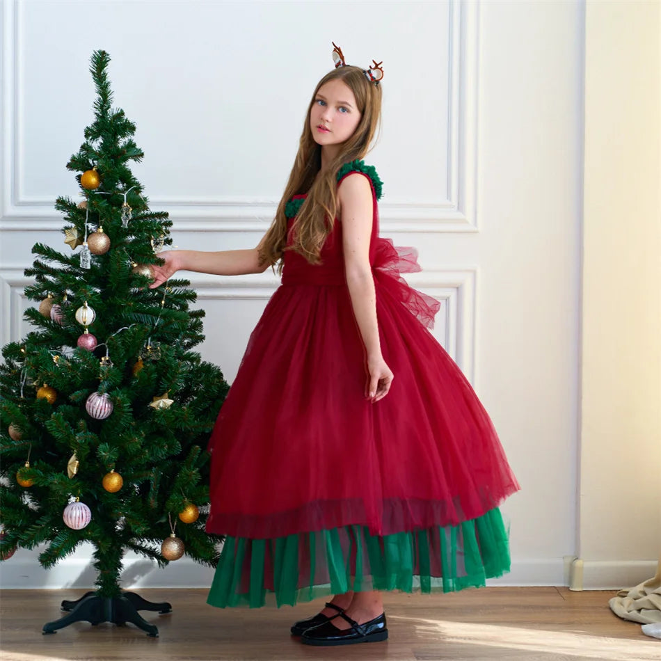 Mädchen Rot Grün Weihnachten Ballkleid Kinder Hochzeit Ball Party Abendkleid Prinzessin Vestido Kinder Karneval Leistung Kleidung.
