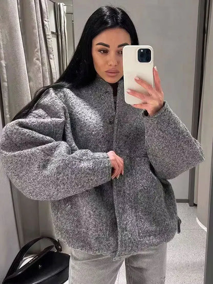 TRZA Frauen Mode Mit Taschen Übergroßen Bomber Jacke Mantel Vintage Langarm Druckknopf Weibliche Oberbekleidung Chic Tops.