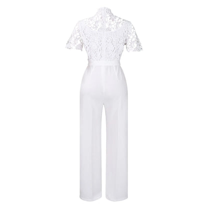 Elegant Jumpsuits & Rompers for Women O Neck Lace Patchwork Short Sleeve Sashes High Waisted Luxury Birthday Party Dinner Outfit