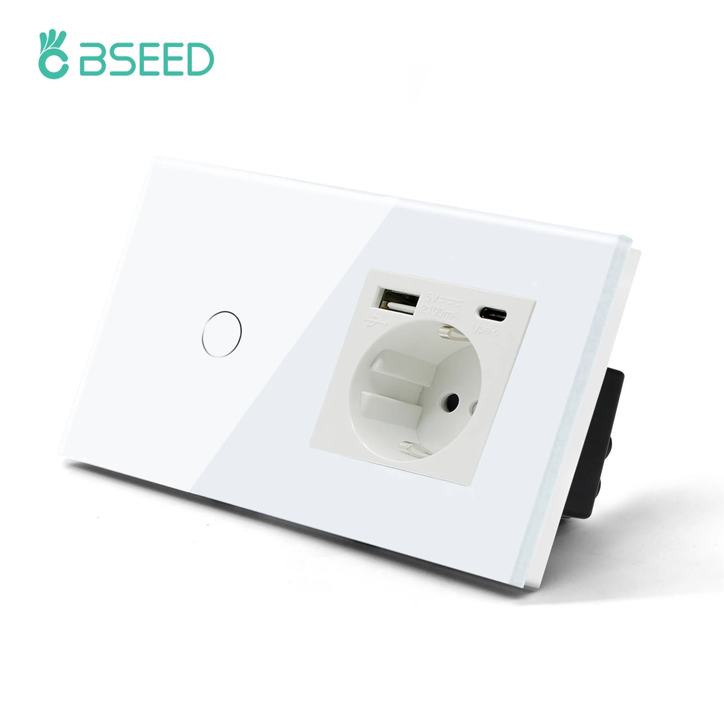 BSEED 1/2/3Gang Touch Licht Schalter 1Way Einfache Sensor Schalter Typ-c USB Steckdosen EU Standard glas Panel Blaue Hintergrundbeleuchtung 10A Weiß