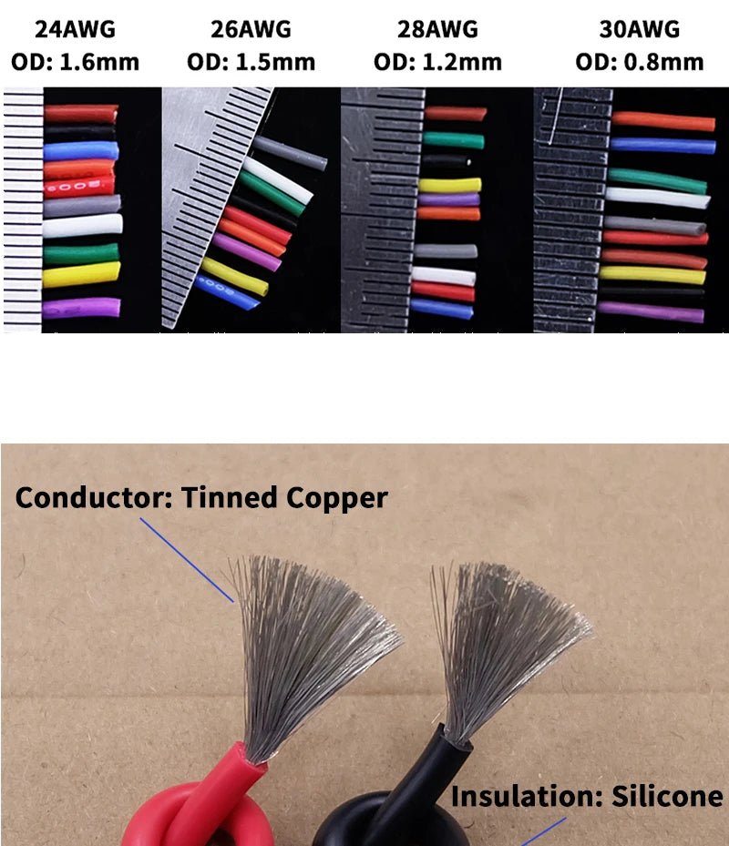 Soft Silicone Cable Auto Car Battery Automotive Wiring 30 28 26 22 20 18 16 14 12 8AWG Heat-resistant Electrical Wire Red Black.