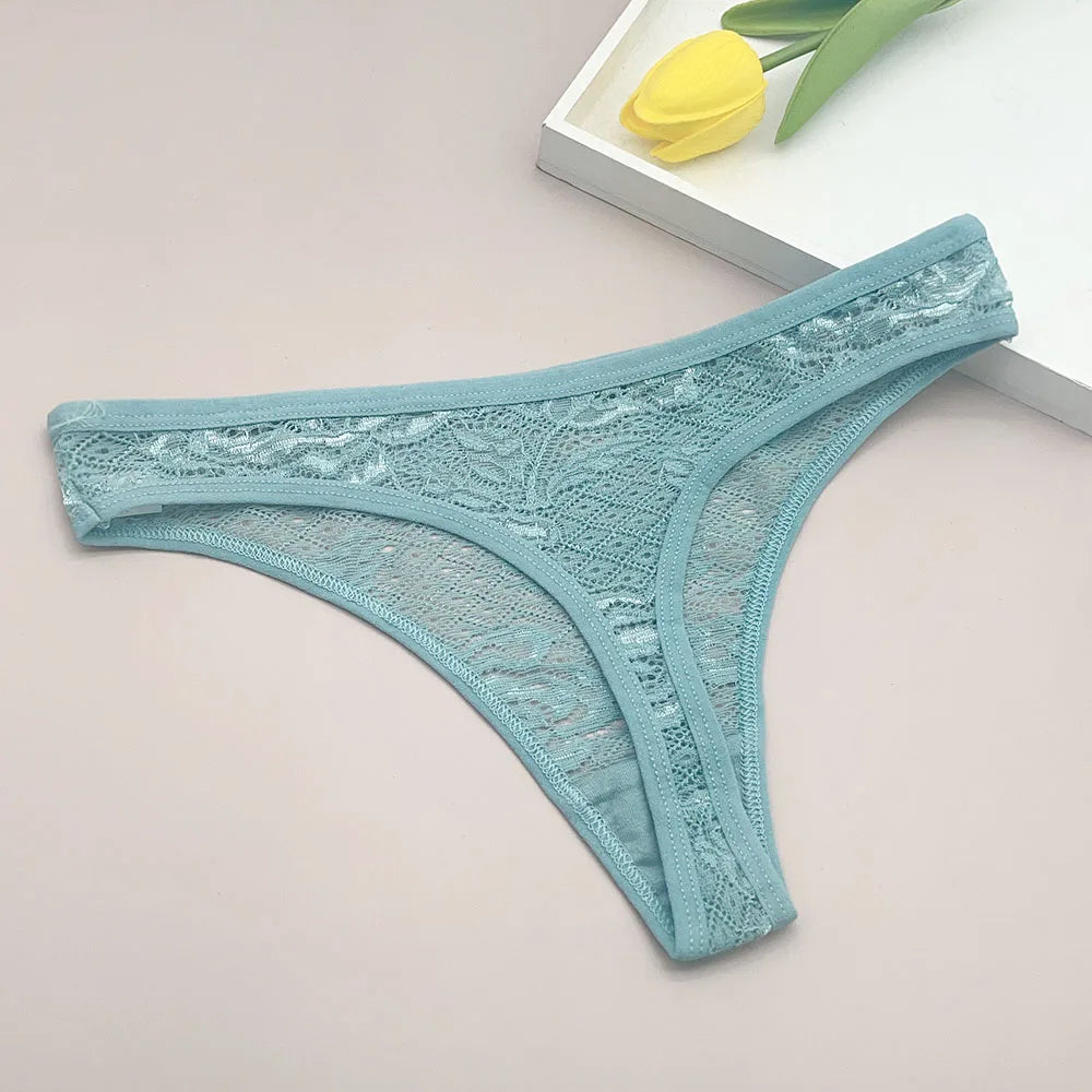 Moonflame 5Pcs Lace Cotton Thongs Underwear Lingerie For Women T-back Ladies Transparent G-string Girls Panties.