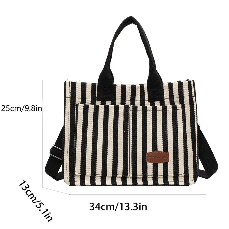 Cool Street Handbag, Large Capacity Women's Shoulder Bag, Trendy Striped Canvas Crossbody Bag, Fashion Travel Shopping Tote Bag.