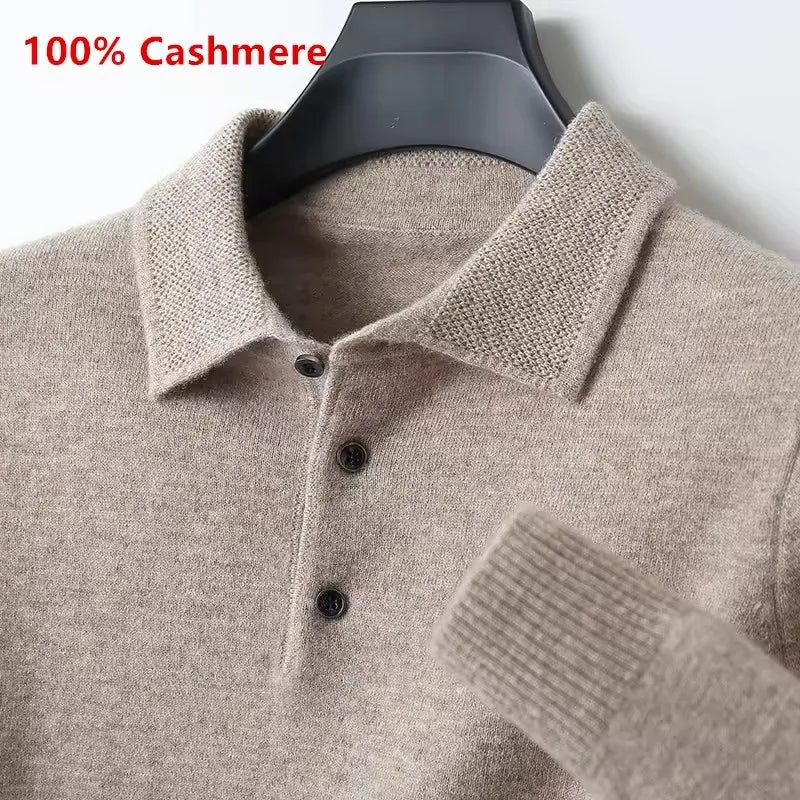 Luxury Men Cashmere Sweater 100% Merino Wool Buttoned Pullover Autumn Winter Polo Collar Knitwear Male Casual Warm Jumper Tops.