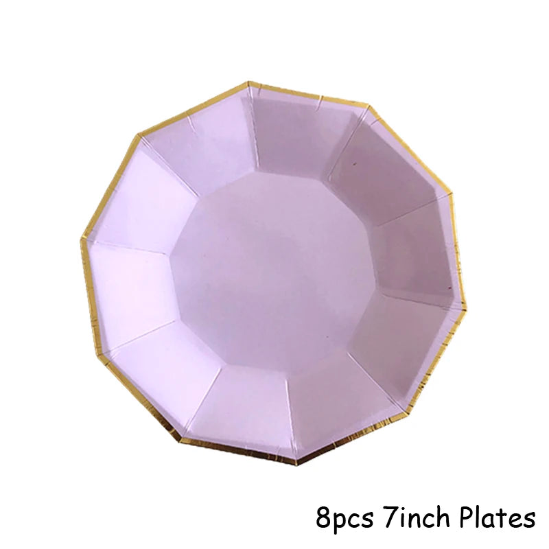 Gold Disposable Tableware Sets Purple Party Paper Cup Plates baby Shower  Birthday Party Supplies Carnival Wedding decor Favors