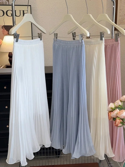 Women's Summer Elegant Pleated Elastic Waist Chiffon Long Skirt Lady High Waist A Line Streetwear Solid Color Skirt.
