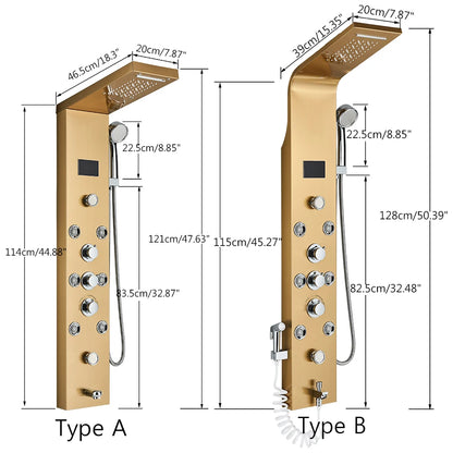 Golden Shower Panel LED Light Bathroom Bath Shower Column Tower Digital Screen Waterfall Rain shower Mixers Rotate Massage Jets