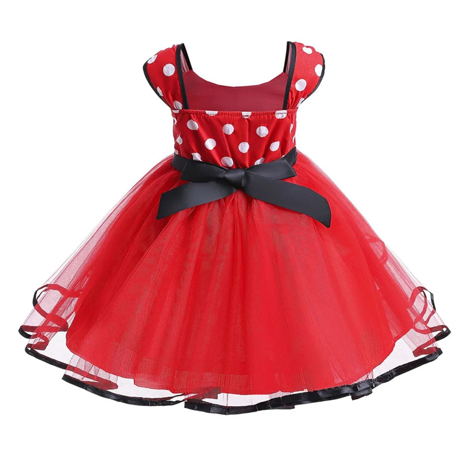 Disney Minnie Maus Polka Dot Kleid Mädchen Rosa Rot Sommer Kleidung Kinder Geburtstag Karneval Weihnachten Party Bogen Mesh Kleid Kostüme.