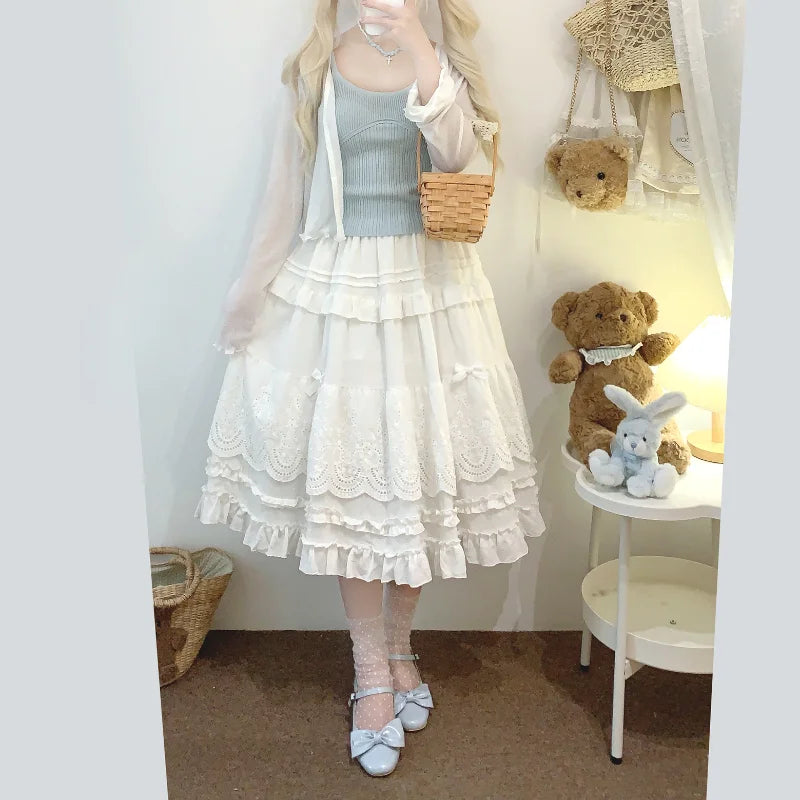 Mori Girl Style Lolita Midi Skirt Women Vintage Embroidery Lace Floral Bow Ruffles Long Skirts Female Prairie Chic Party Skirt.