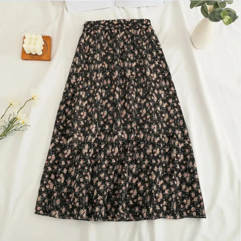 Gidyq Women Chiffon Midi Skirt Korean Fashion Floral Loose Skirts High Waist Female Casual All Match A Line Skirts Summer New.