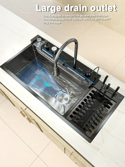 Stainless Steel Waterfall Kitchen Sink New With Draining Rack Digital Display Large Single Slot Dishwashing Sinks Wash Bowl