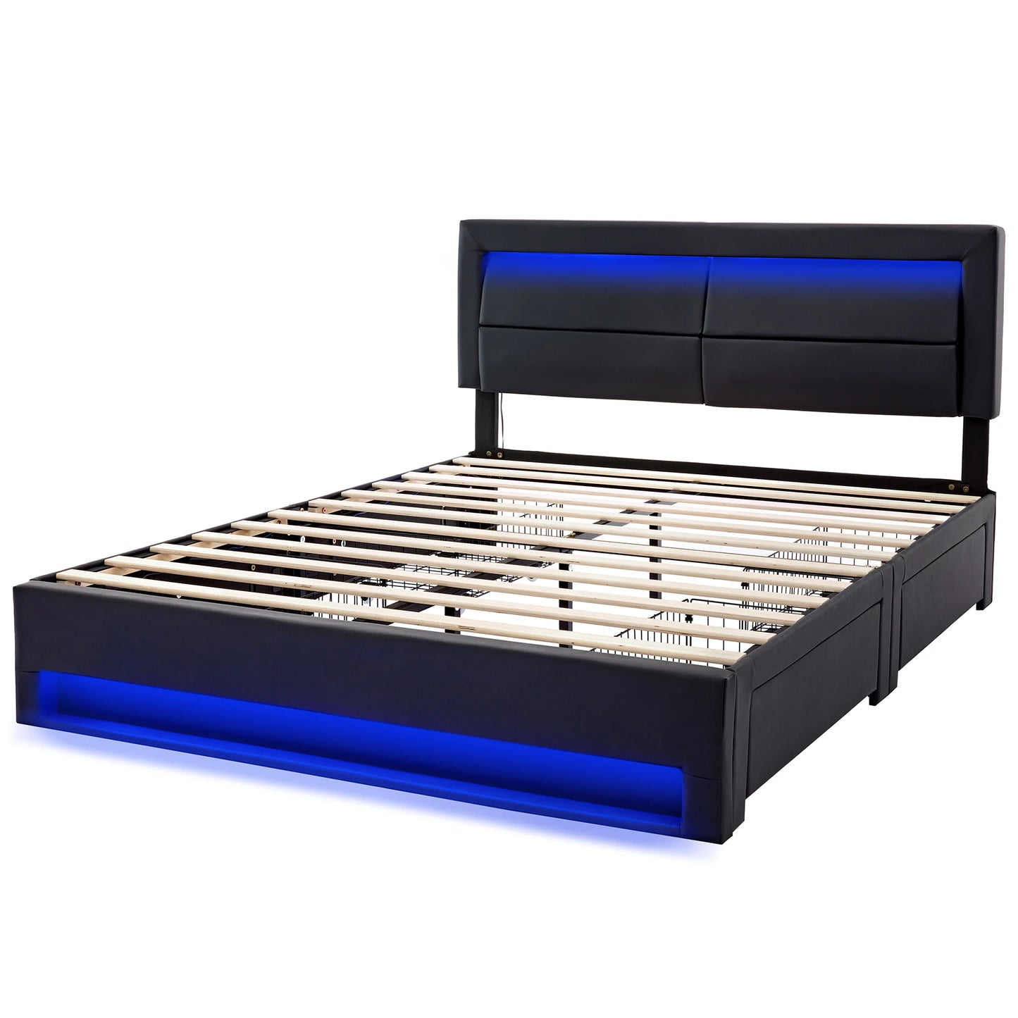 Polsterbett 140 x 200 cm, mit USB-Anschluss, LED-Beleuchtung und vier Schubladen, ohne Matratze, PU-Litschi-Muster , Schwarz