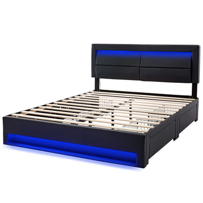 Polsterbett 140 x 200 cm, mit USB-Anschluss, LED-Beleuchtung und vier Schubladen, ohne Matratze, PU-Litschi-Muster , Schwarz