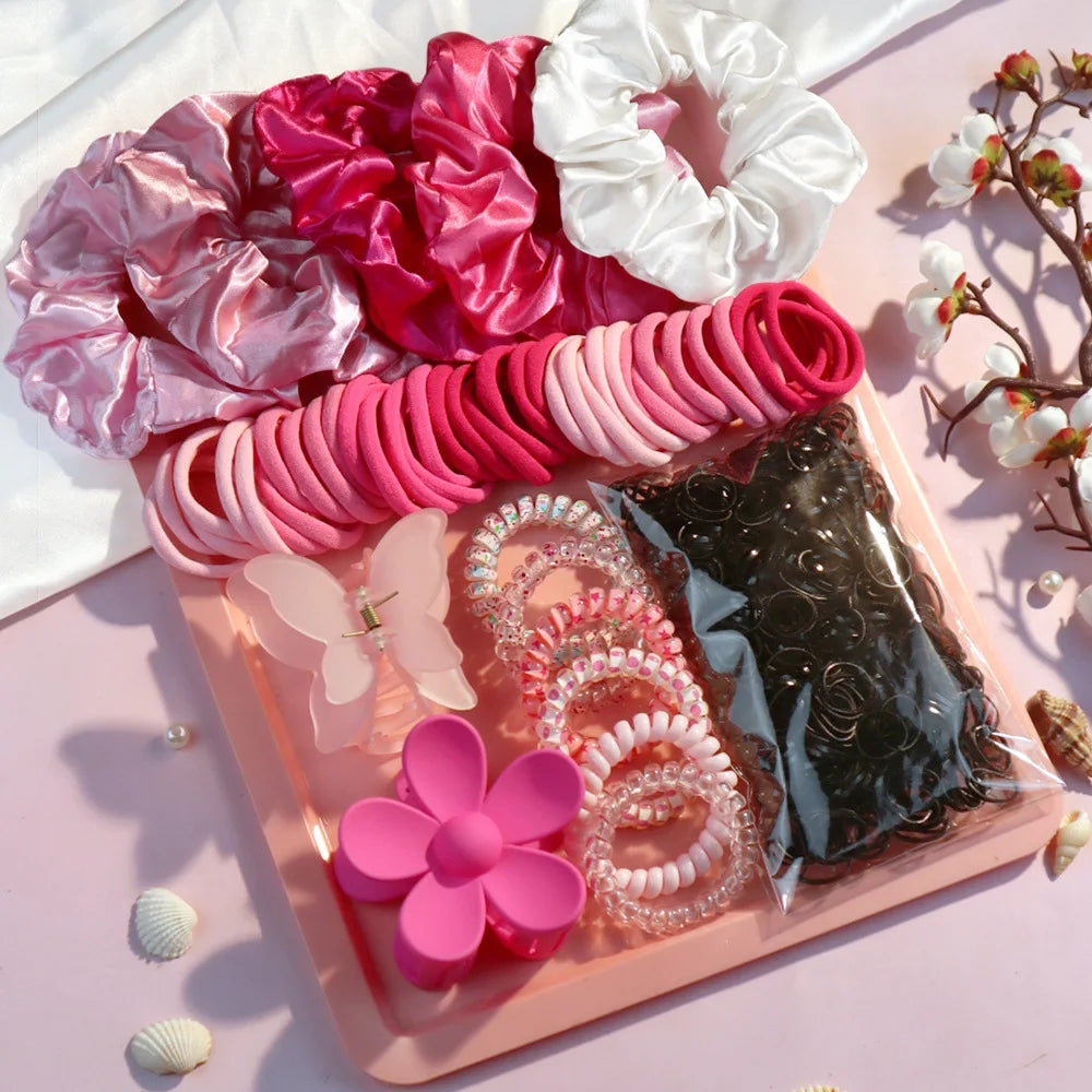 Fashionable Pink Hair Accessories Set for Women, Seamless Ponytail Holders Variety Hair Scrunchies For Women Lady 2024.
