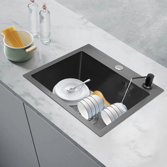 Spülbecken aus Edelstahl 201, schwarz, Deckenmontage, Unterputz-Spülbecken-Set mit Abflusskorb, Seifenspender, Küchenspüle