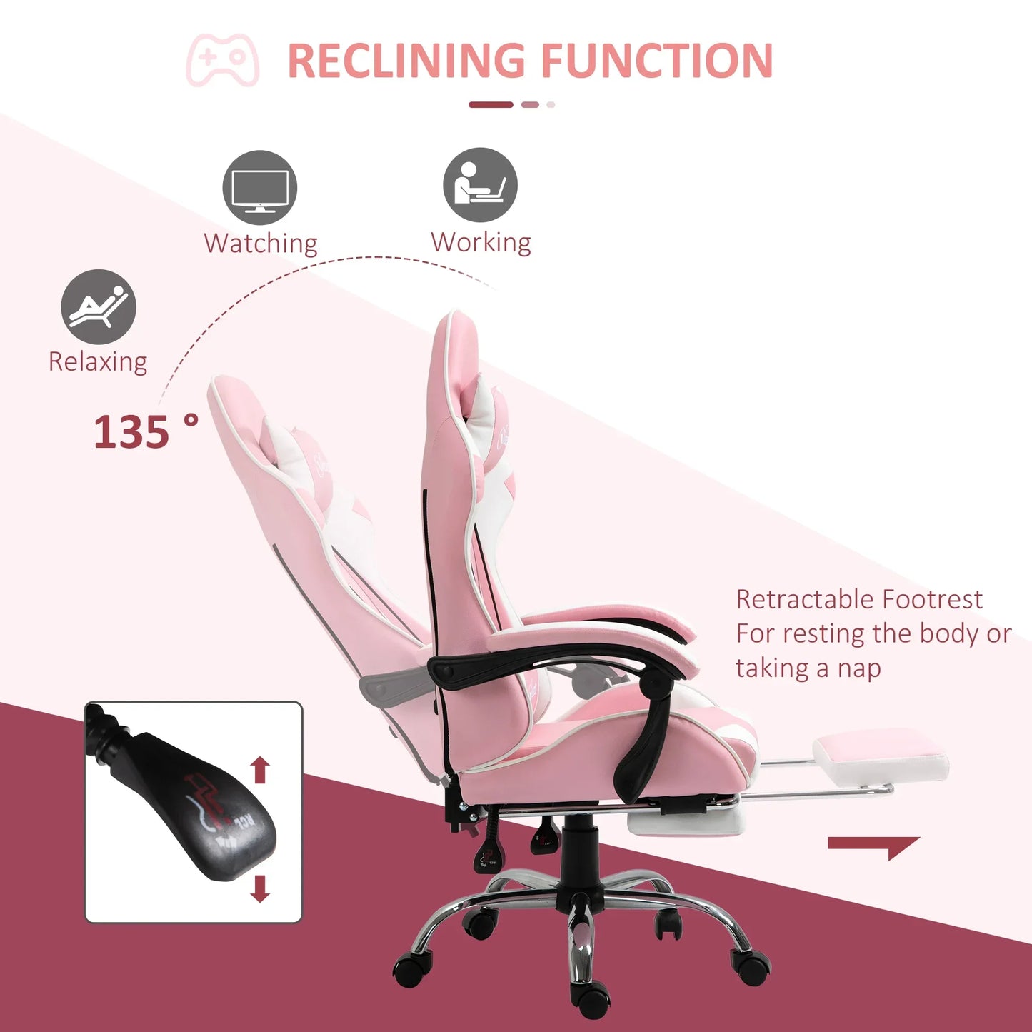 Gaming-Stuhl, Computerstuhl, ergonomischer Bürostuhl mit Kopfstütze, Lendenpolster, höhenverstellbar, 360° °   Rotation rosa + weiß
