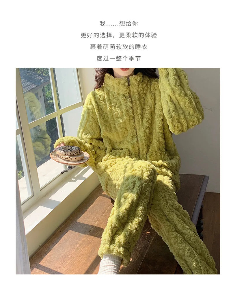 Große Größe Flanell Pyjama Set Herbst Winter Weibliche Nachtwäsche Hosen Anzug Verdicken Korallen Fleece Hohe Kragen Lounge Tragen Homewear.