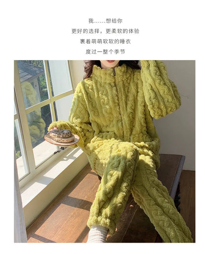 Große Größe Flanell Pyjama Set Herbst Winter Weibliche Nachtwäsche Hosen Anzug Verdicken Korallen Fleece Hohe Kragen Lounge Tragen Homewear.