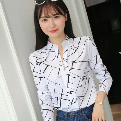 Stripe Women Blouse Fashion Standing Collar Women's Shirt Long Sleeved Shirts and Blouses Printing Ladies Tops Basic Womens Tops