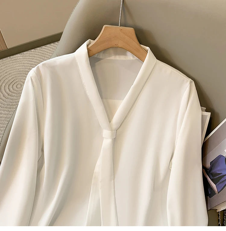 Loose Long Sleeve V-Neck Work Shirt for Women Plus Size Women's Blouses Fashion Versatile Autumn Bow Tops Trendy Business Shirts.