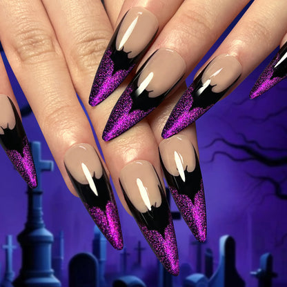 Halloween Cool Spice Style Spider Skull False Nails Purple Halo Dyeing Detachable Finished Fake Nails Press on Nail with Glue.