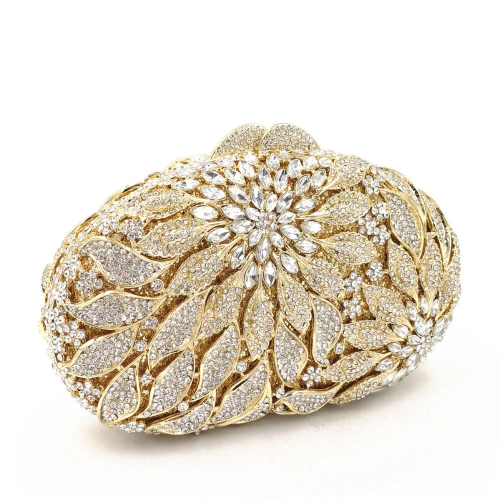 Gold Metal Leaves White Crystals Evening Clutch Bags Luxury Women Wedding Party Purse Ball Handbags Rhinestone Mini heart bag.