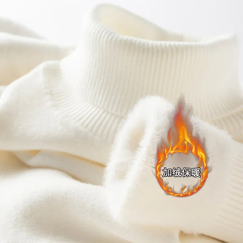 Men‘s Thermal Fleece High-neck Sweater Winter Turn-down Collar Fleece-lined Knitted Pullover Casual Keep Warm Thick Bottom Tops.