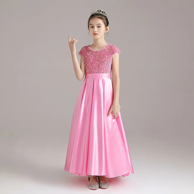 Mädchen-Klavierkleid, graues Pailletten-langes Performance-Kleid, Prinzessinnenkleid, Kinder-Host-Show-Performance-Kleid, Sommer.