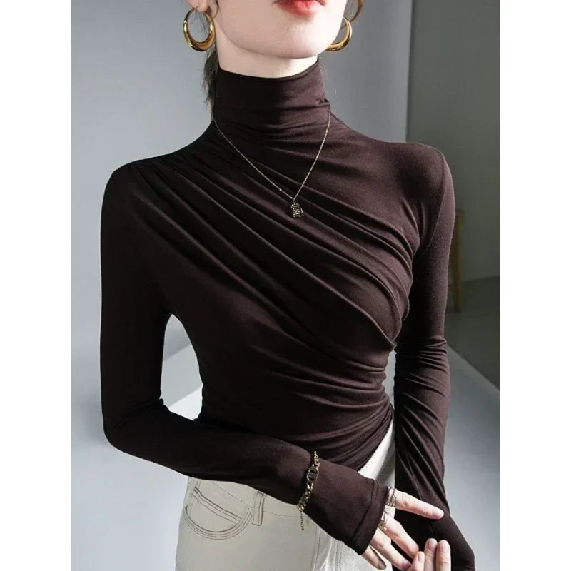 Pleated Stretch T-shirt New Spring Autumn Turtleneck Bottoming Pullover Women's Casual Elegant Basic Top Shirts Harajuku Gothic