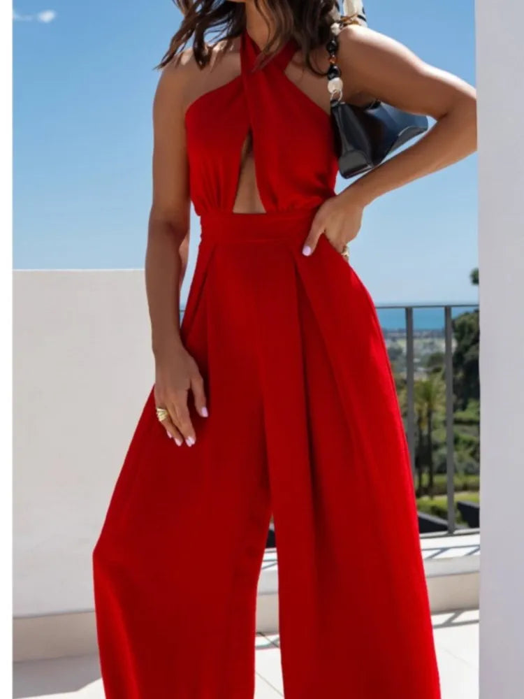 Fashion Sexy Halter Jumpsuit Lady Elegant Sleeveless Hollow High Waist Wide Leg Pants Jumpsuits Women Streetwear Clothes Summer.