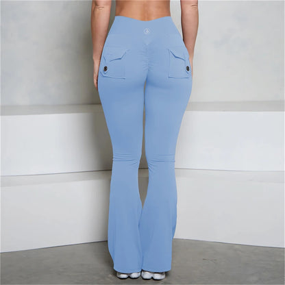 Allure The Brand Pocket Flare Scrunch Butt Pants ATB Women Tight-Fit Sexy Slim High Waist Pants Push Up Fitness Flare Leggings