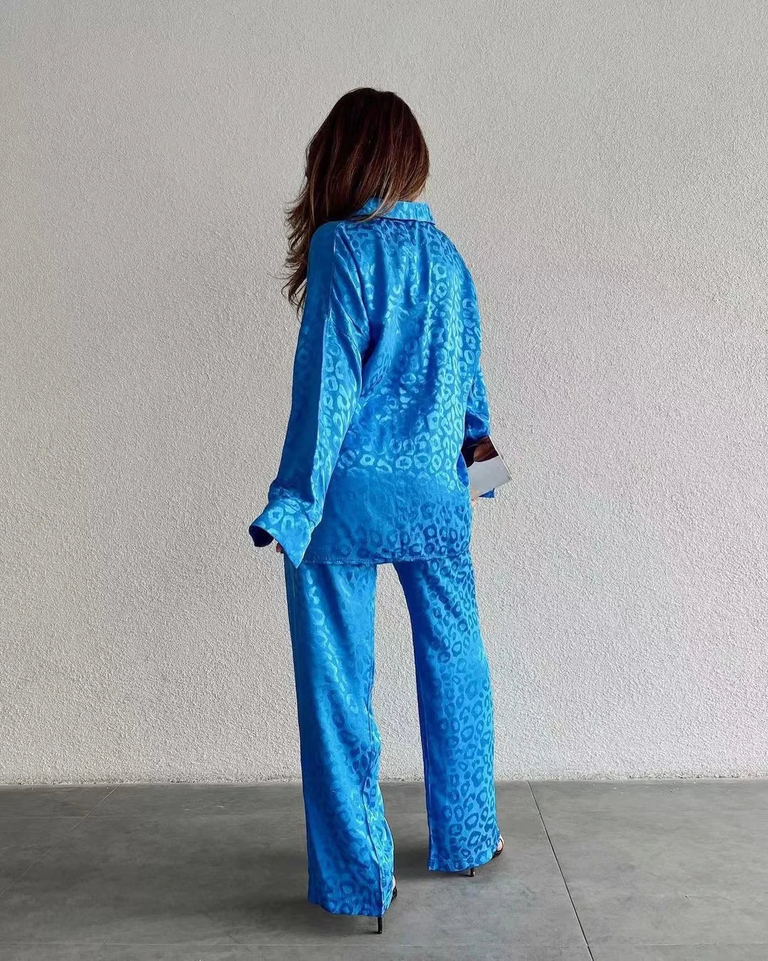 2024 Autumn White Satin Wide Leg Trousers Suit For Women Office Leopard Print Two-Piece Set Home Tracksuit Female Pajamas Sets.